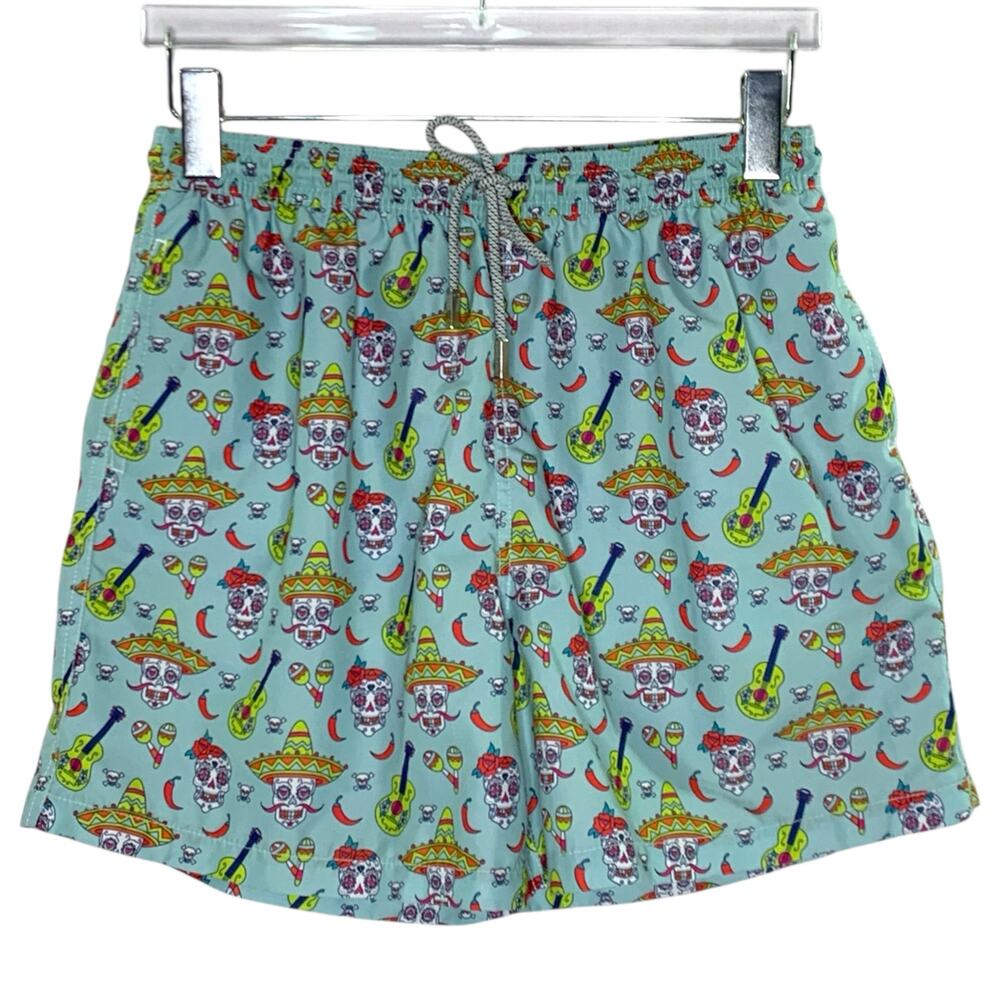 Amiani L Blue Colorful Sugar Skull Pepper Sombrero Guitar Swim Trunk Shorts